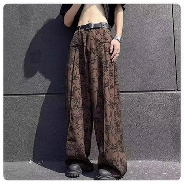 High street hip-hop men and women trendy personalized ink floral straight leg pants for couples loose retro casual pants y2k